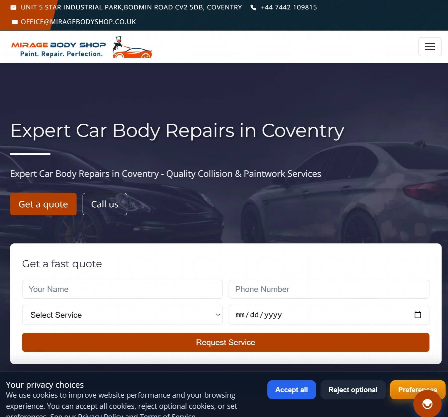 Mirage Bodyshop CMS, SEO and Booking Workflow